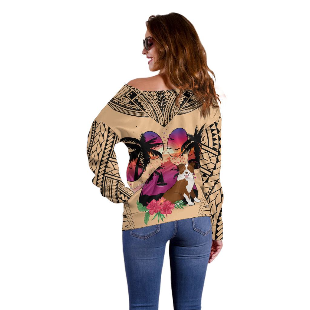 Polynesian Off Shoulder Sweater Dog Lover With Border Collie - Sunset At The Beach - Wonder Print Shop