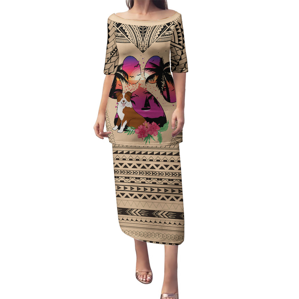 Polynesian Puletasi Dog Lover With Border Collie - Sunset At The Beach - Wonder Print Shop