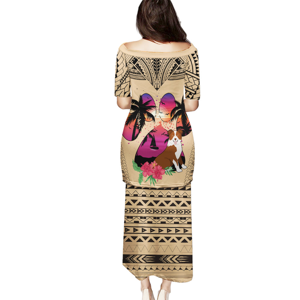 Polynesian Puletasi Dog Lover With Border Collie - Sunset At The Beach - Wonder Print Shop