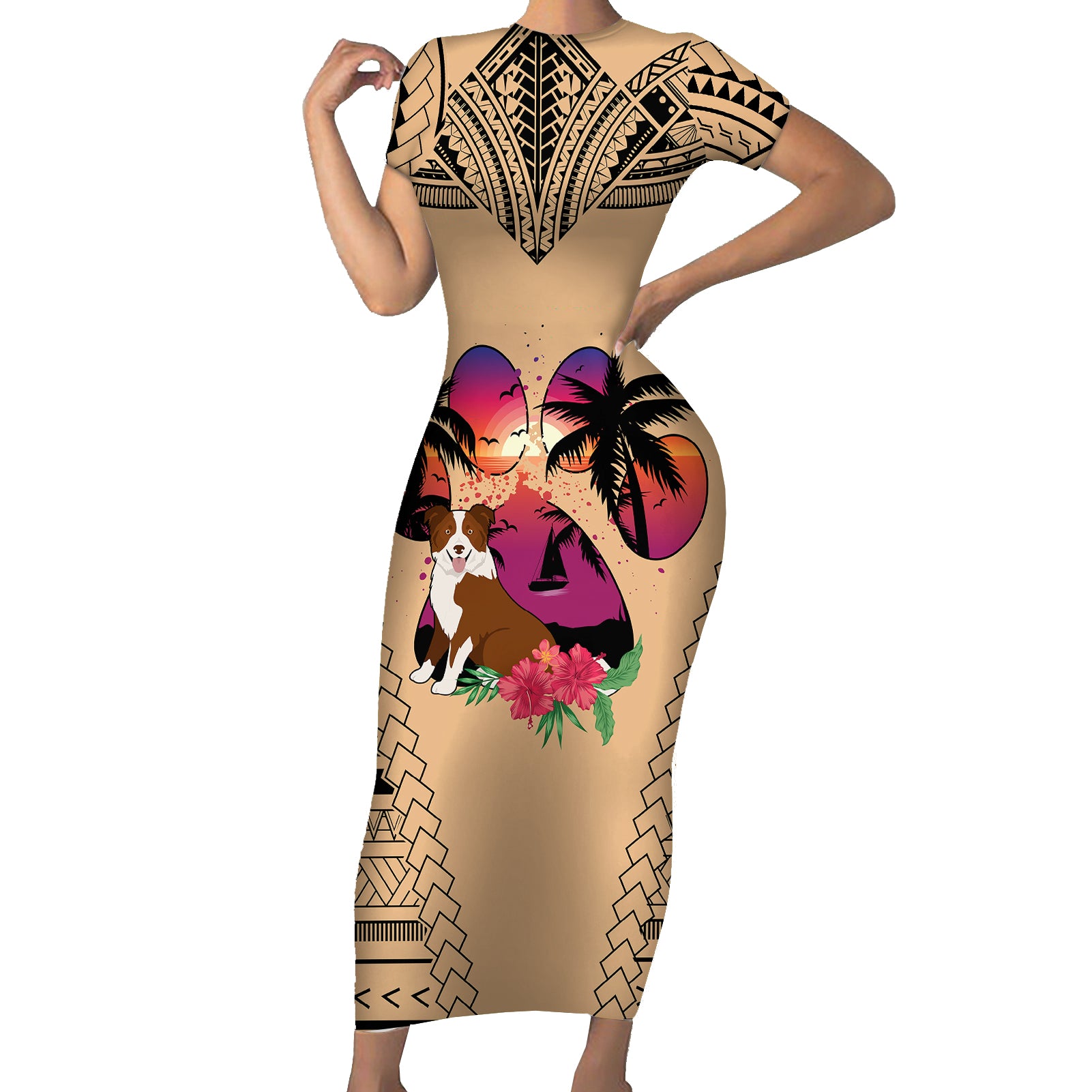 Polynesian Short Sleeve Bodycon Dress Dog Lover With Border Collie - Sunset At The Beach - Wonder Print Shop