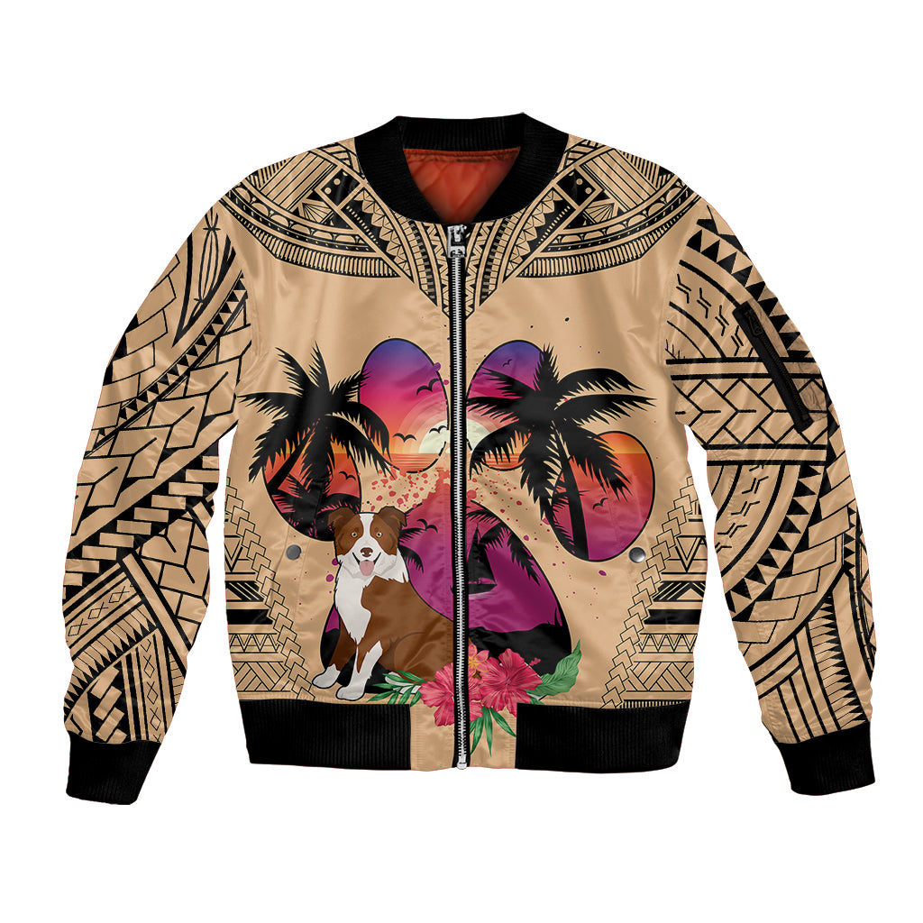 Polynesian Sleeve Zip Bomber Jacket Dog Lover With Border Collie - Sunset At The Beach - Wonder Print Shop