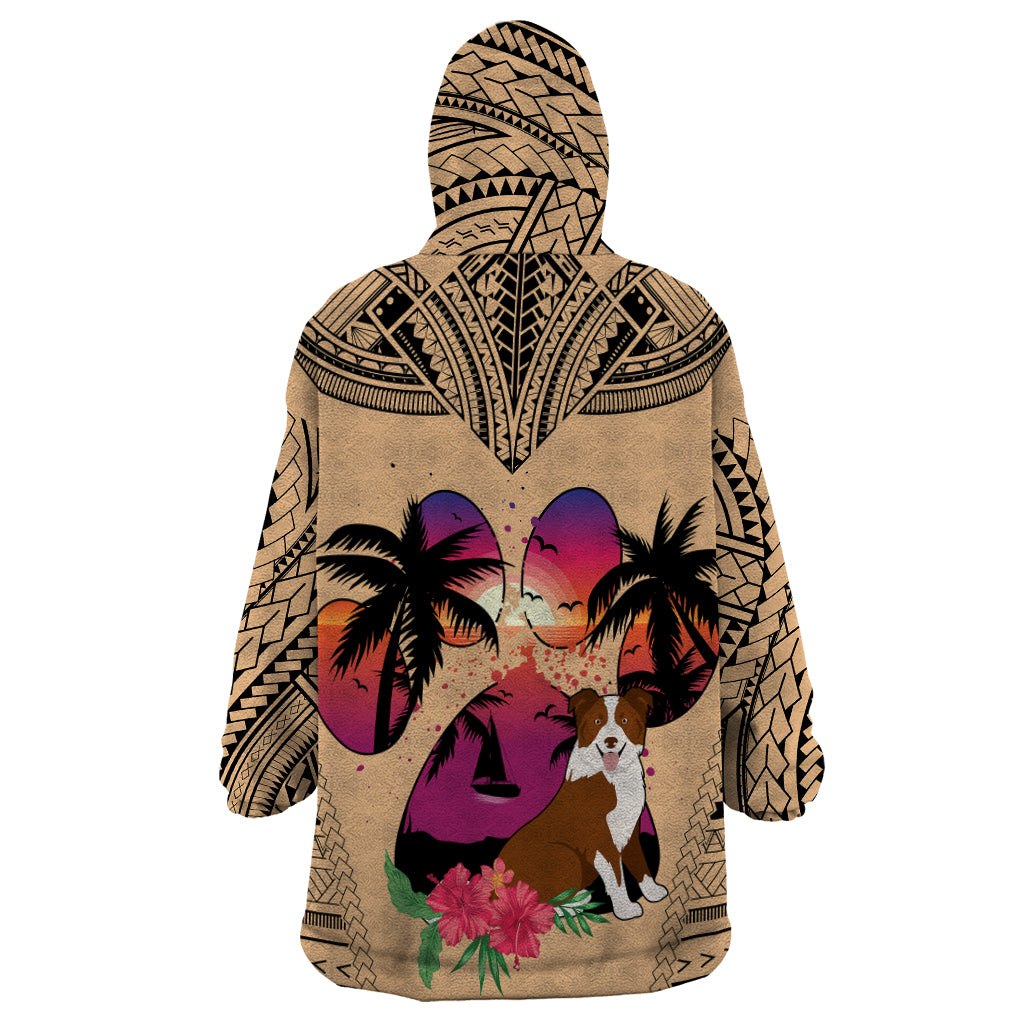 Polynesian Wearable Blanket Hoodie Dog Lover With Border Collie - Sunset At The Beach - Wonder Print Shop
