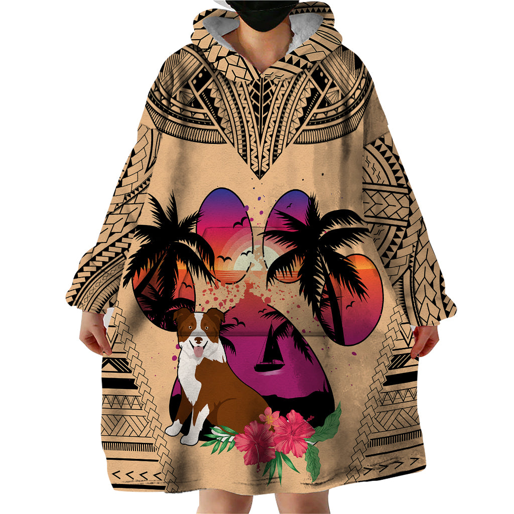 Polynesian Wearable Blanket Hoodie Dog Lover With Border Collie - Sunset At The Beach - Wonder Print Shop