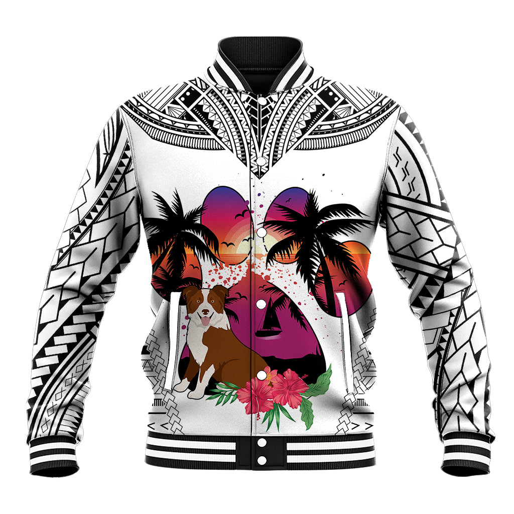 Polynesian Baseball Jacket Dog Lover With Border Collie - Sunset At The Beach White Ver LT7 - Wonder Print Shop