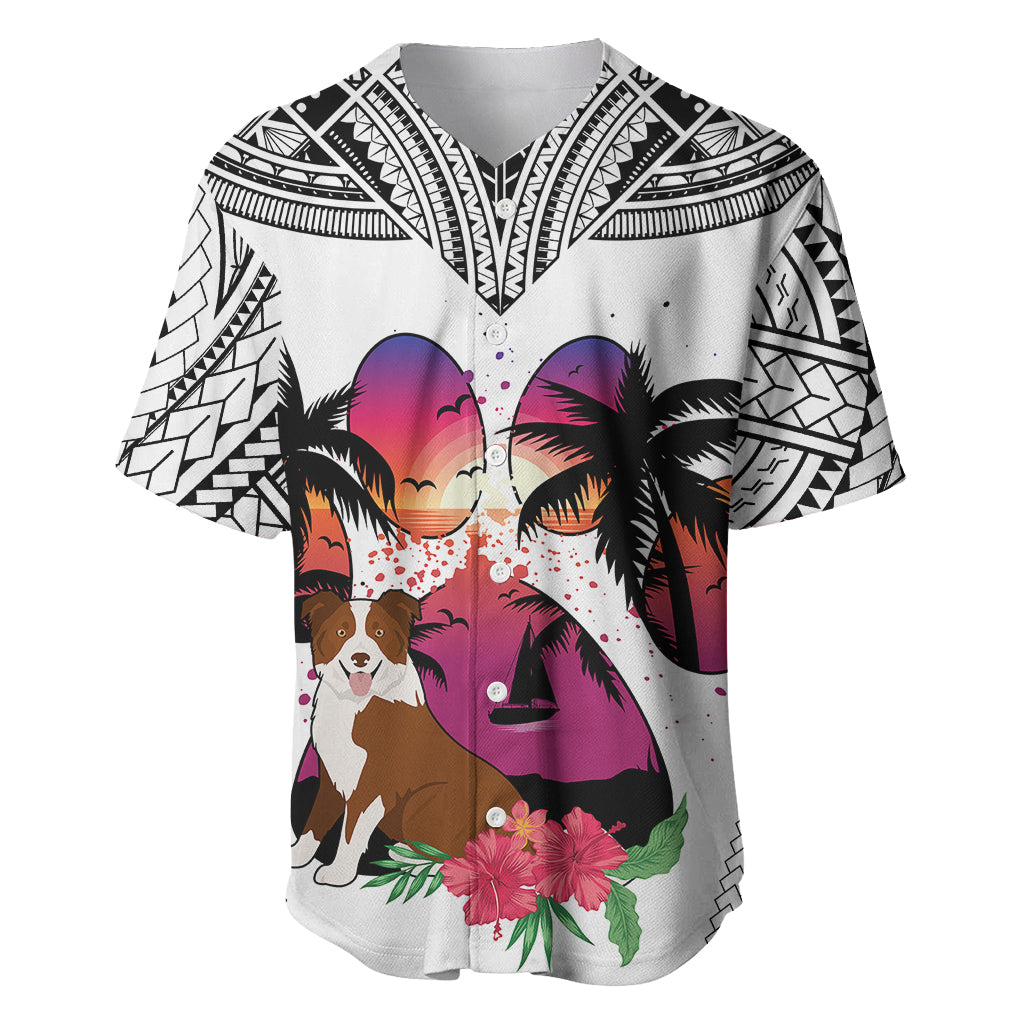 Polynesian Baseball Jersey Dog Lover With Border Collie - Sunset At The Beach White Ver LT7 - Wonder Print Shop
