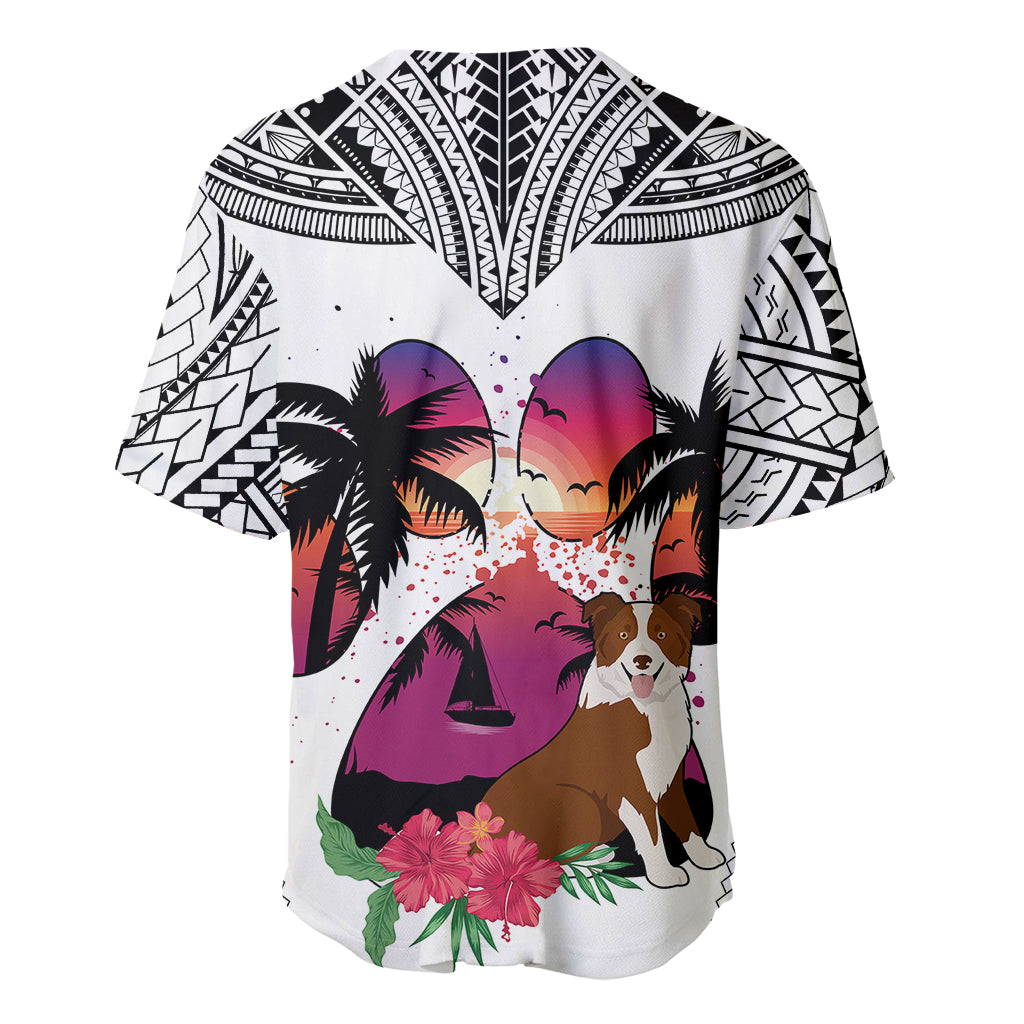 Polynesian Baseball Jersey Dog Lover With Border Collie - Sunset At The Beach White Ver LT7 - Wonder Print Shop