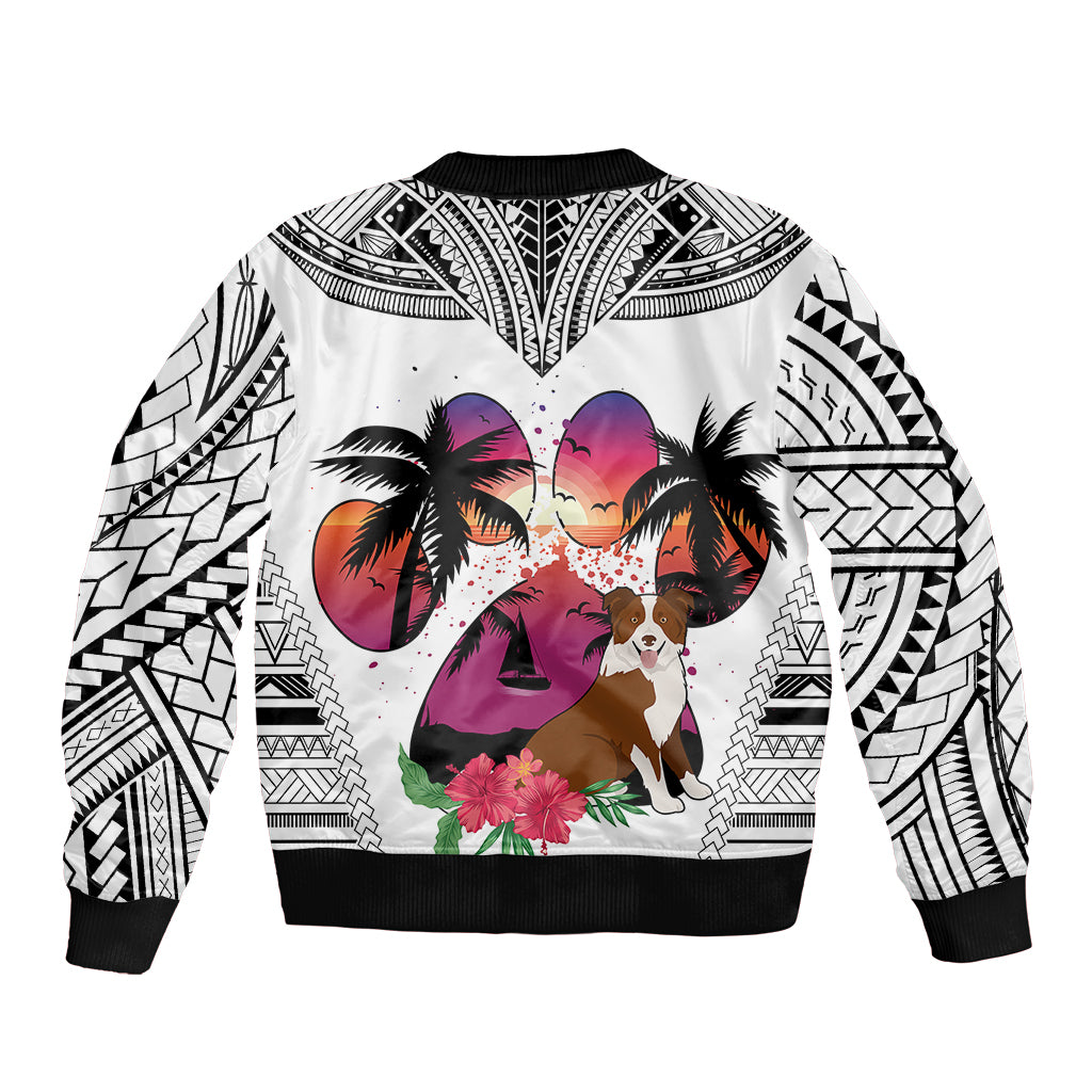 Polynesian Bomber Jacket Dog Lover With Border Collie - Sunset At The Beach White Ver LT7 - Wonder Print Shop