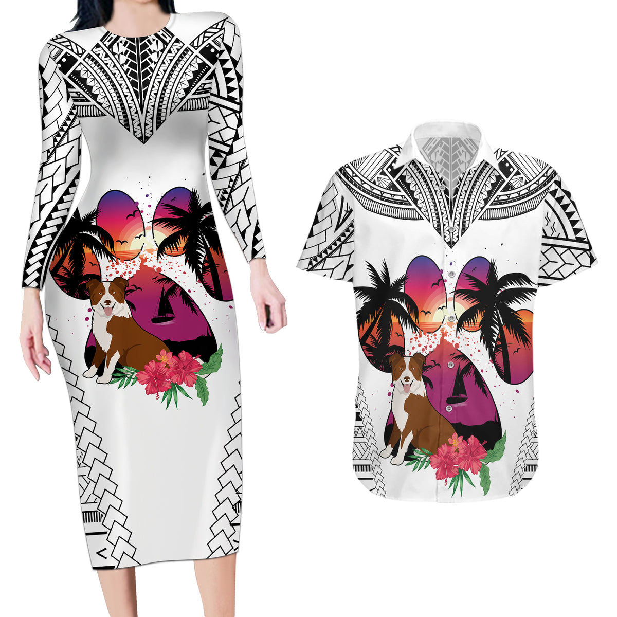 Polynesian Couples Matching Long Sleeve Bodycon Dress and Hawaiian Shirt Dog Lover With Border Collie - Sunset At The Beach White Ver LT7 - Wonder Print Shop