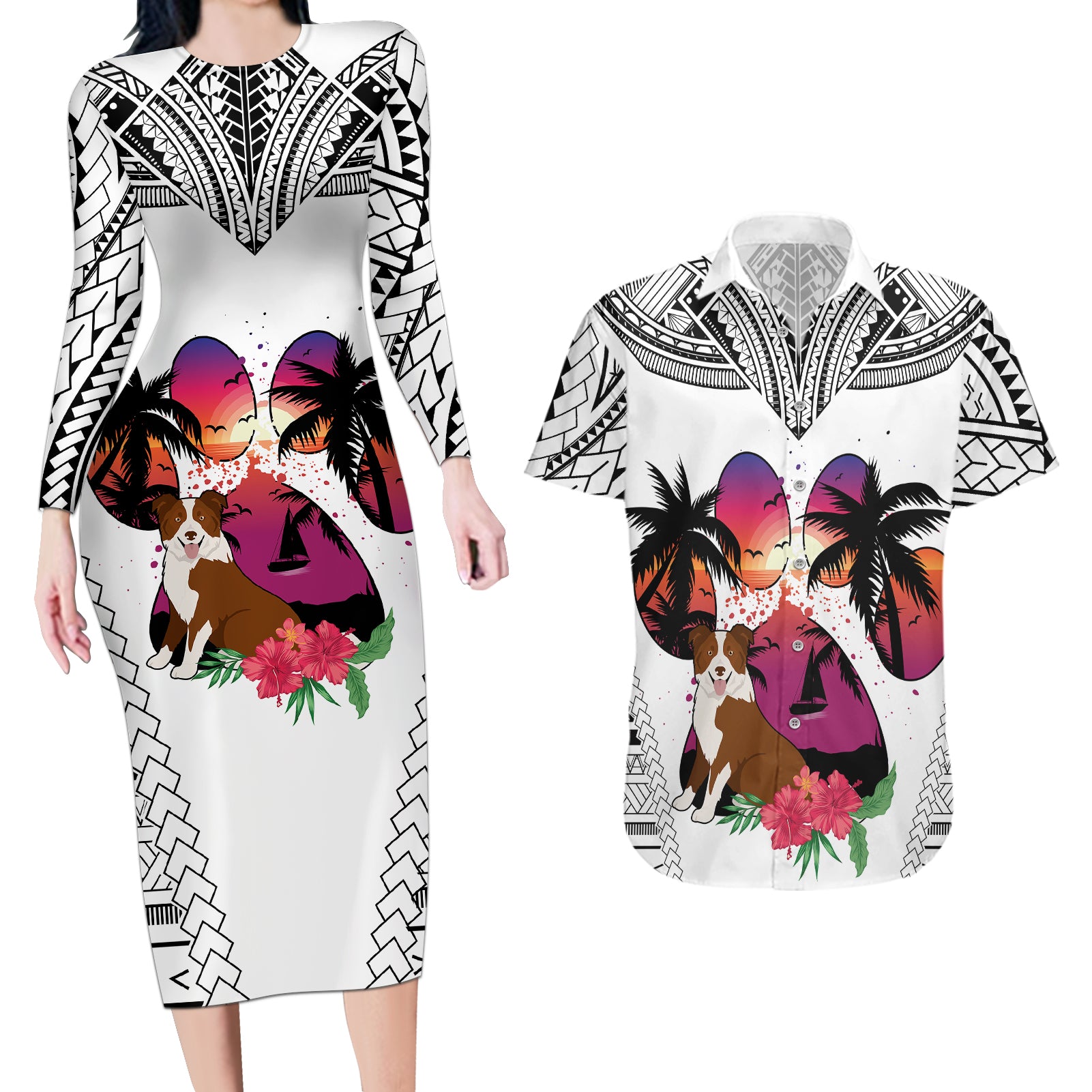 Polynesian Couples Matching Long Sleeve Bodycon Dress and Hawaiian Shirt Dog Lover With Border Collie - Sunset At The Beach White Ver LT7 - Wonder Print Shop