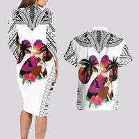 Polynesian Couples Matching Long Sleeve Bodycon Dress and Hawaiian Shirt Dog Lover With Border Collie - Sunset At The Beach White Ver LT7 - Wonder Print Shop