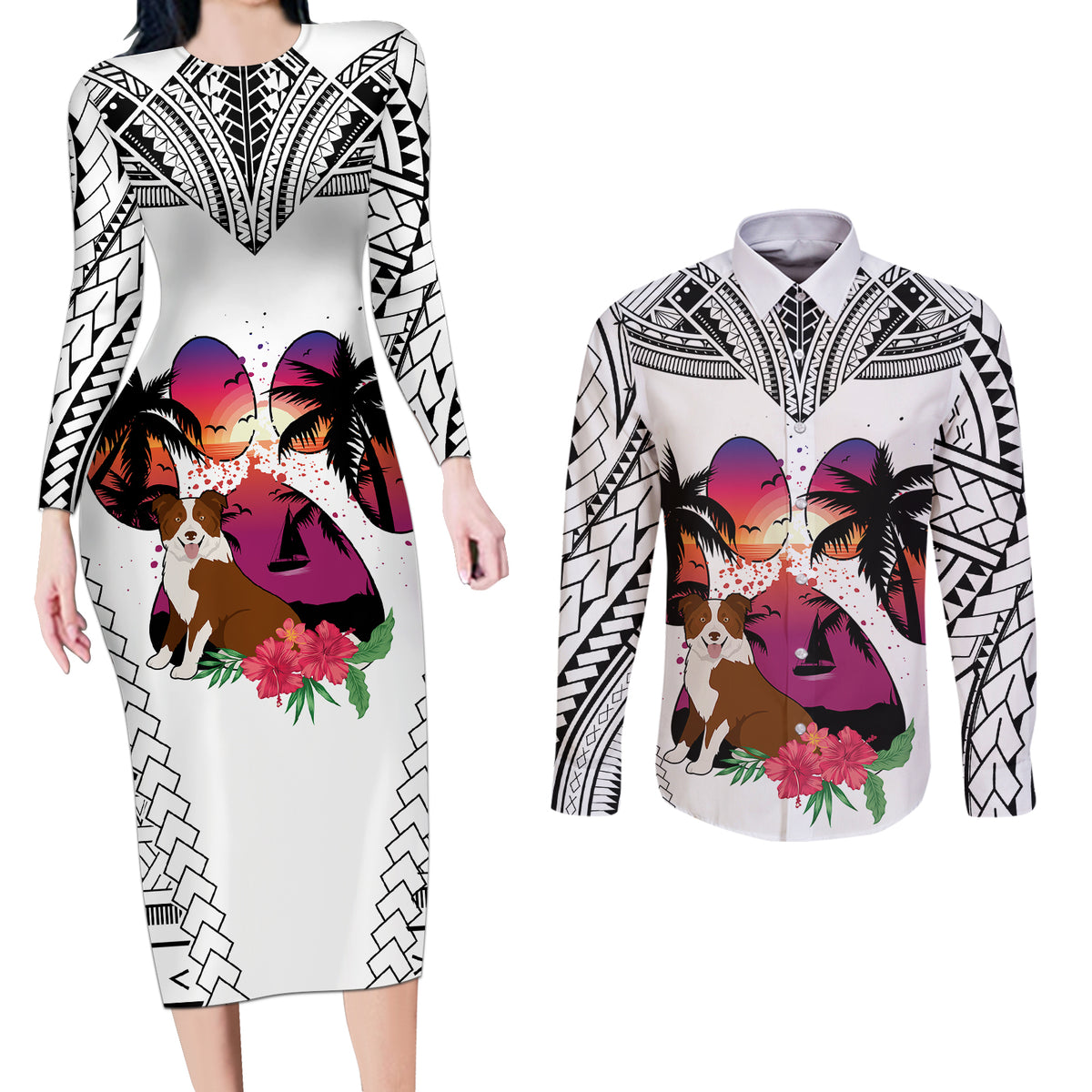 Polynesian Couples Matching Long Sleeve Bodycon Dress and Long Sleeve Button Shirts Dog Lover With Border Collie - Sunset At The Beach White Ver LT7 - Wonder Print Shop