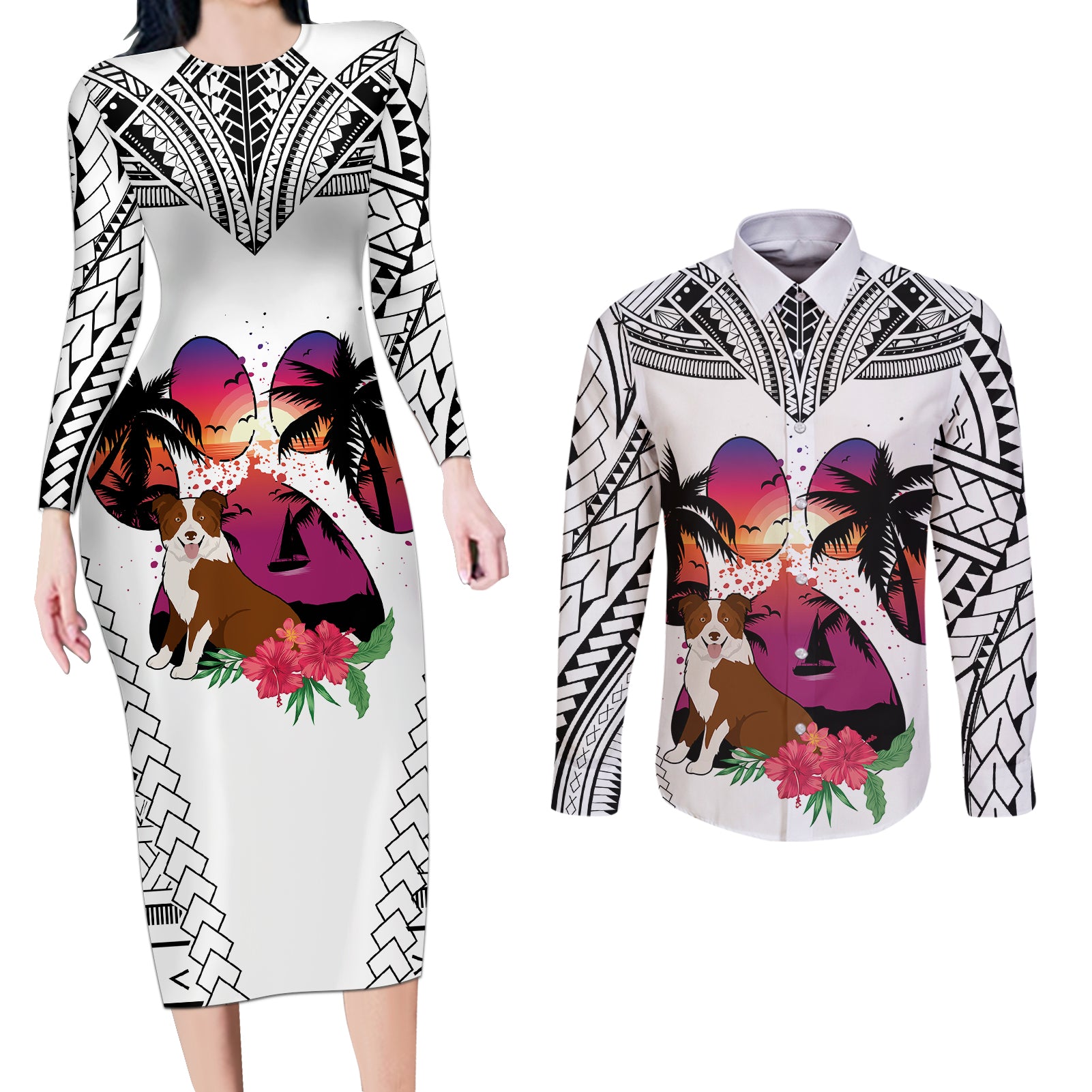 Polynesian Couples Matching Long Sleeve Bodycon Dress and Long Sleeve Button Shirts Dog Lover With Border Collie - Sunset At The Beach White Ver LT7 - Wonder Print Shop