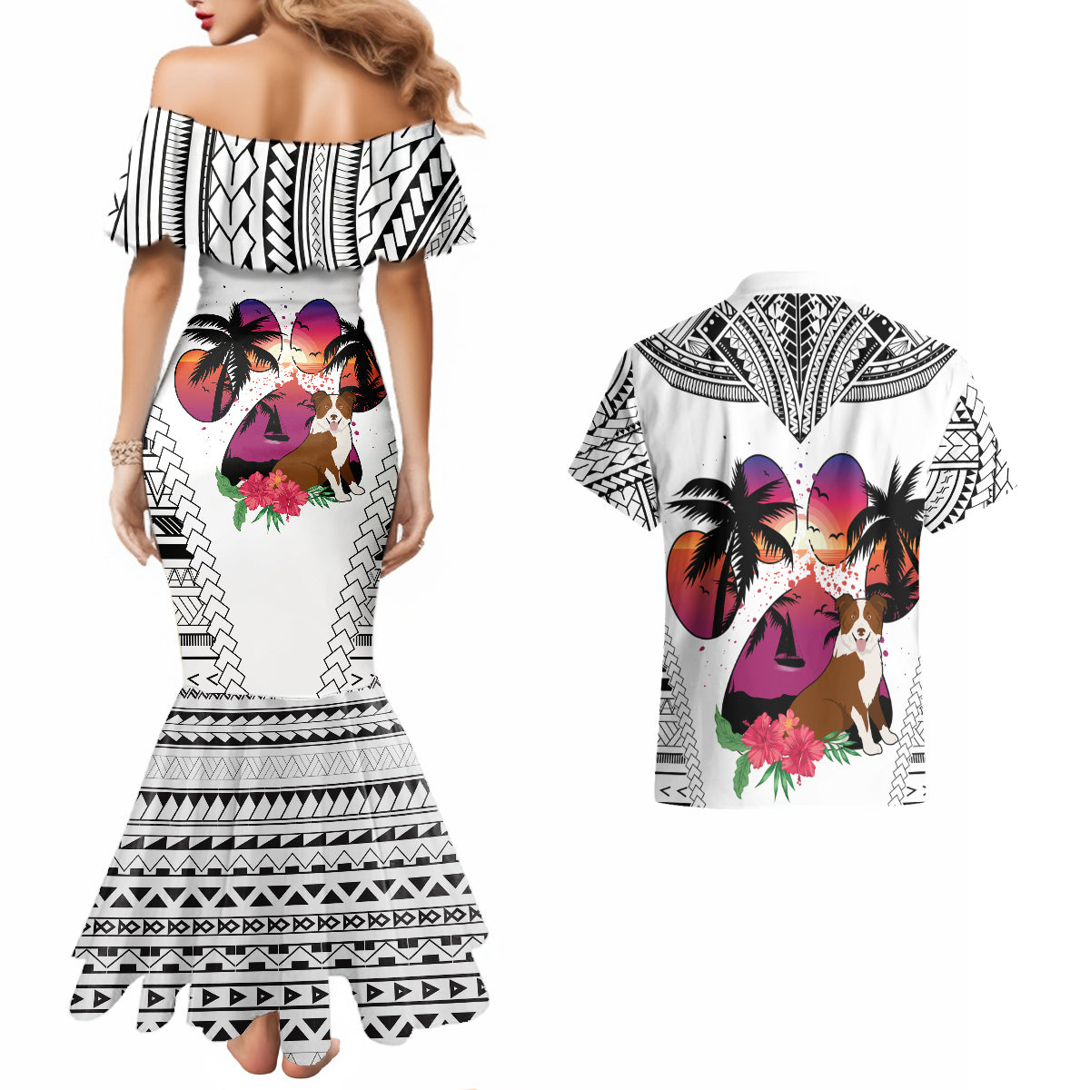 Polynesian Couples Matching Mermaid Dress and Hawaiian Shirt Dog Lover With Border Collie - Sunset At The Beach White Ver LT7 - Wonder Print Shop