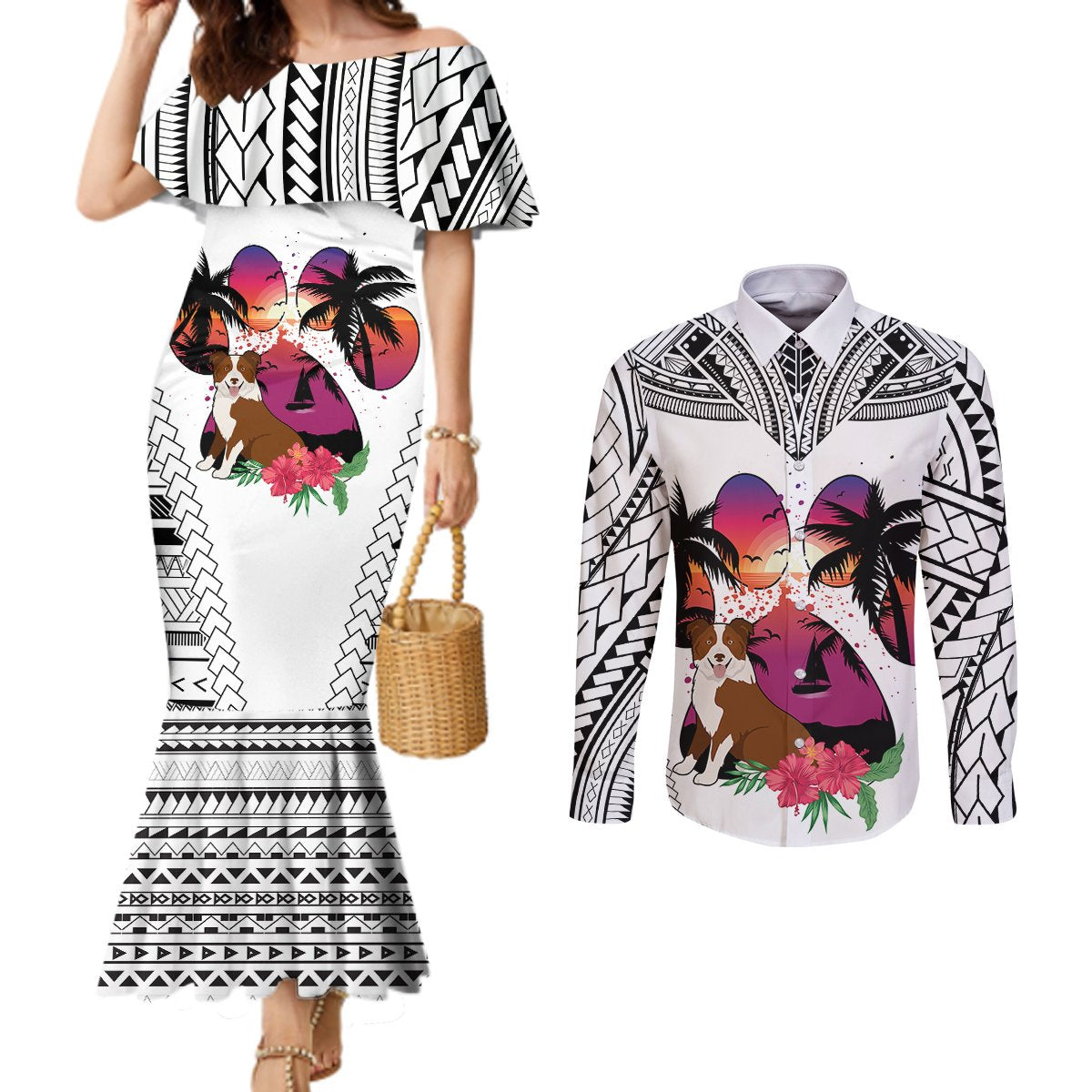 polynesian-couples-matching-mermaid-dress-and-long-sleeve-button-shirts-dog-lover-with-border-collie-sunset-at-the-beach-white-ver