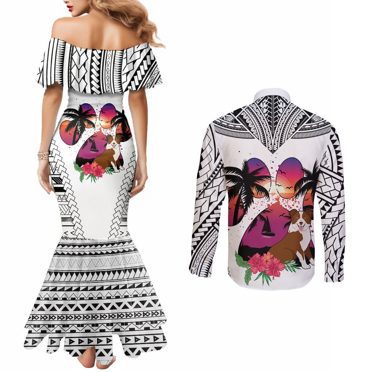 polynesian-couples-matching-mermaid-dress-and-long-sleeve-button-shirts-dog-lover-with-border-collie-sunset-at-the-beach-white-ver