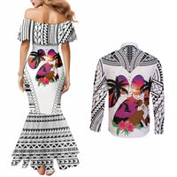 polynesian-couples-matching-mermaid-dress-and-long-sleeve-button-shirts-dog-lover-with-border-collie-sunset-at-the-beach-white-ver