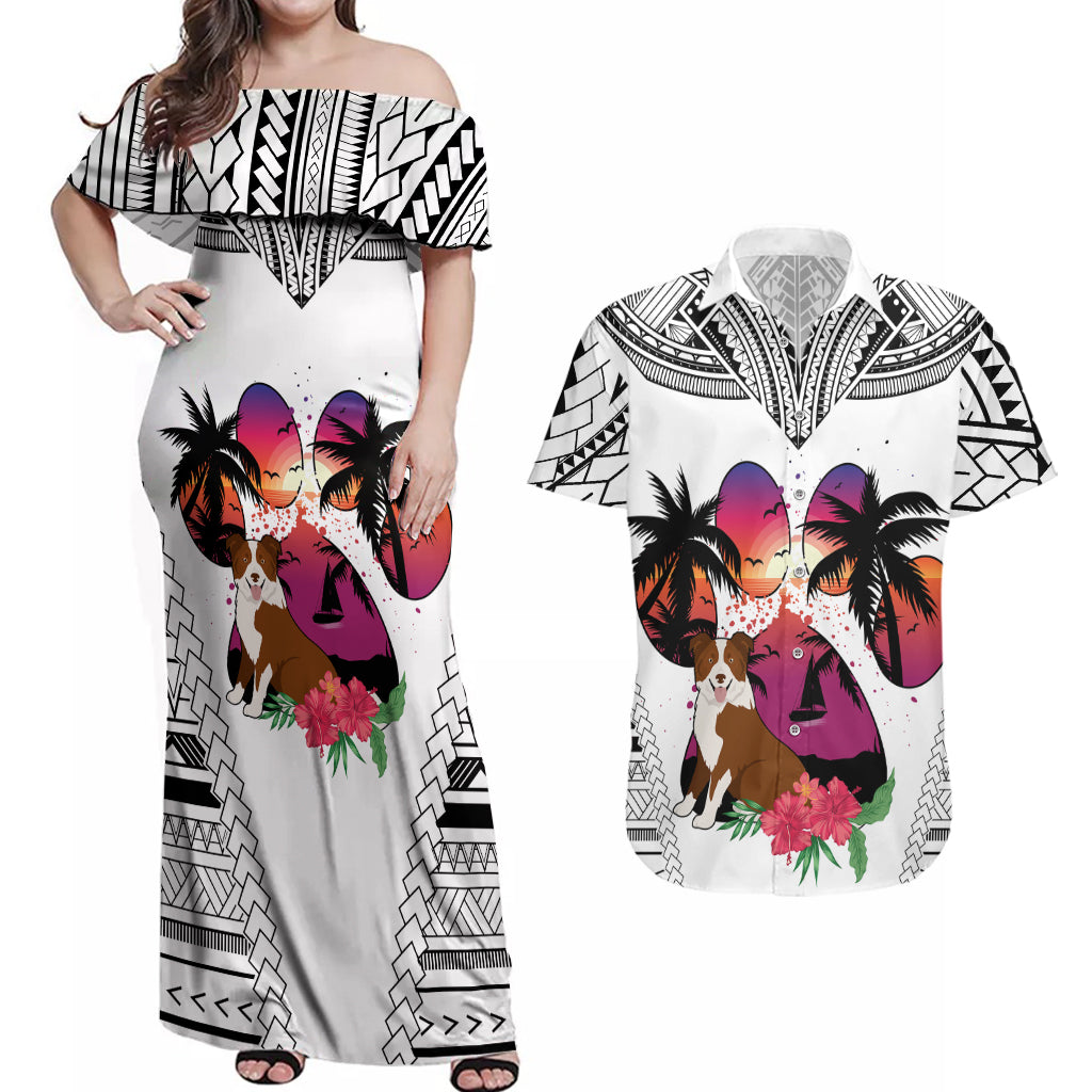 Polynesian Couples Matching Off Shoulder Maxi Dress and Hawaiian Shirt Dog Lover With Border Collie - Sunset At The Beach White Ver LT7 - Wonder Print Shop