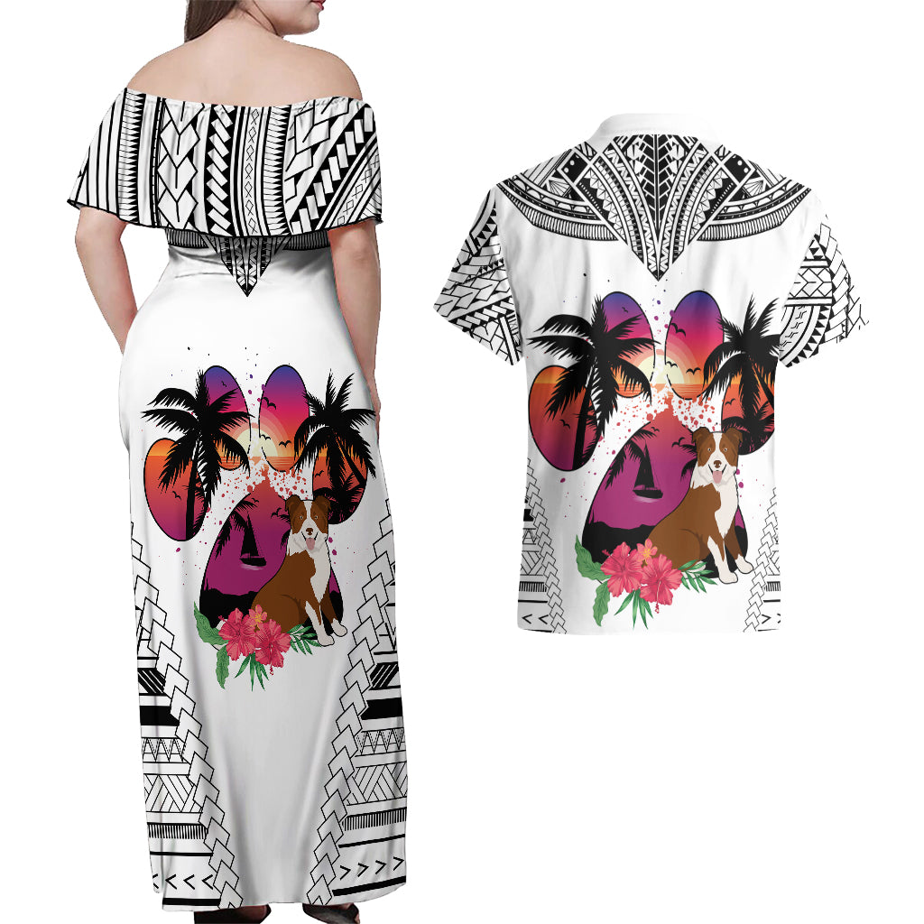 Polynesian Couples Matching Off Shoulder Maxi Dress and Hawaiian Shirt Dog Lover With Border Collie - Sunset At The Beach White Ver LT7 - Wonder Print Shop