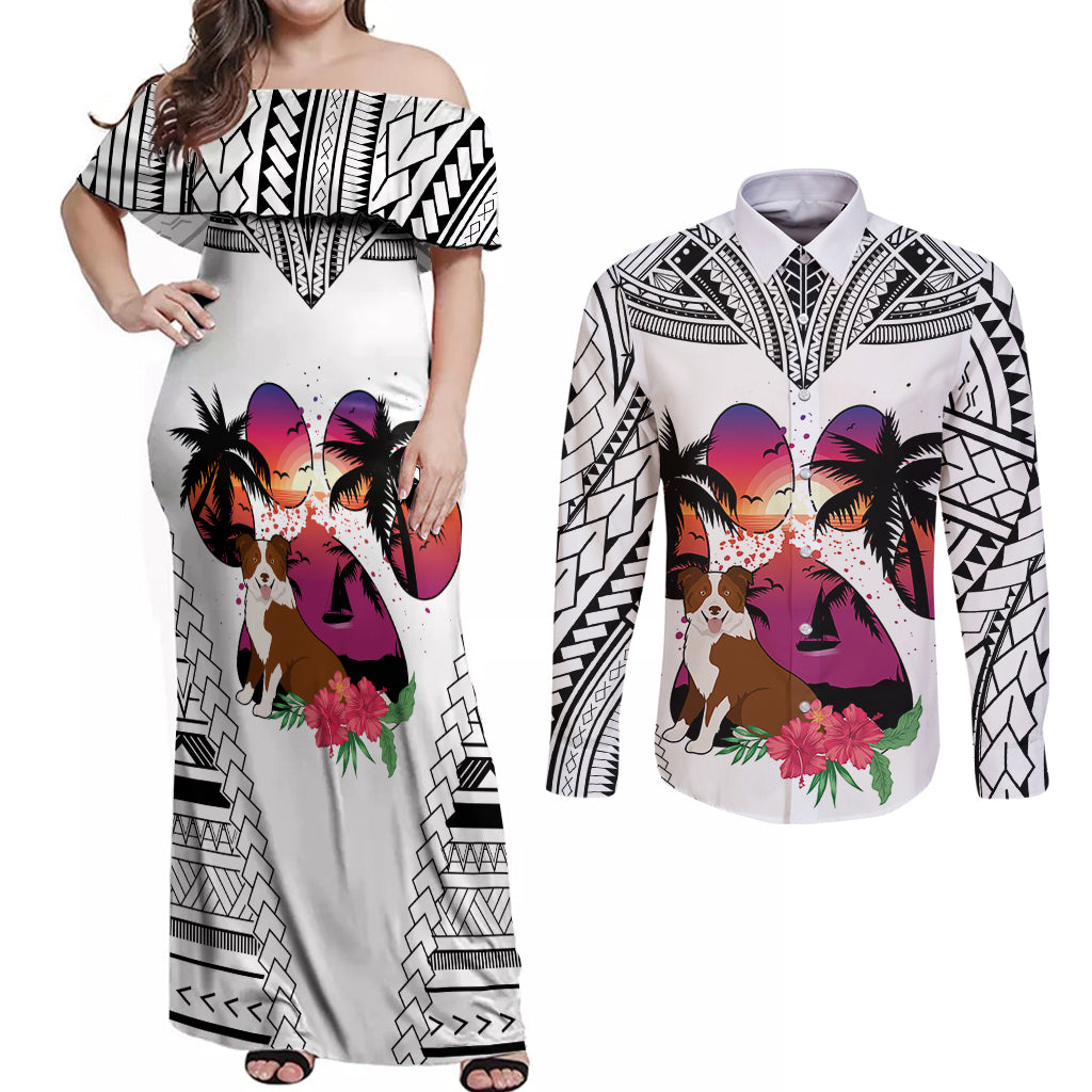 Polynesian Couples Matching Off Shoulder Maxi Dress and Long Sleeve Button Shirts Dog Lover With Border Collie - Sunset At The Beach White Ver LT7 - Wonder Print Shop