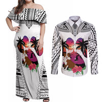 Polynesian Couples Matching Off Shoulder Maxi Dress and Long Sleeve Button Shirts Dog Lover With Border Collie - Sunset At The Beach White Ver LT7 - Wonder Print Shop