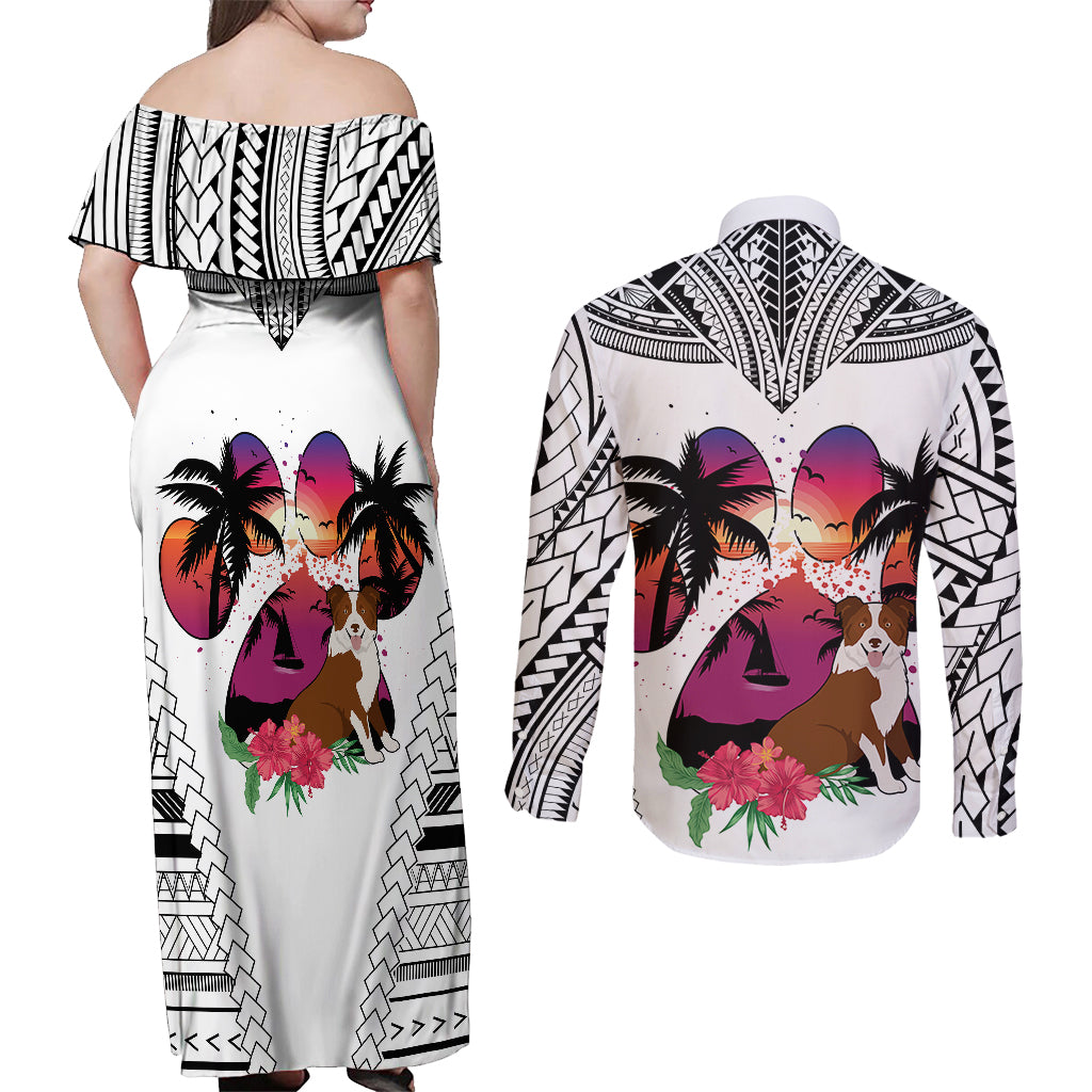 Polynesian Couples Matching Off Shoulder Maxi Dress and Long Sleeve Button Shirts Dog Lover With Border Collie - Sunset At The Beach White Ver LT7 - Wonder Print Shop