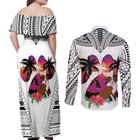 Polynesian Couples Matching Off Shoulder Maxi Dress and Long Sleeve Button Shirts Dog Lover With Border Collie - Sunset At The Beach White Ver LT7 - Wonder Print Shop