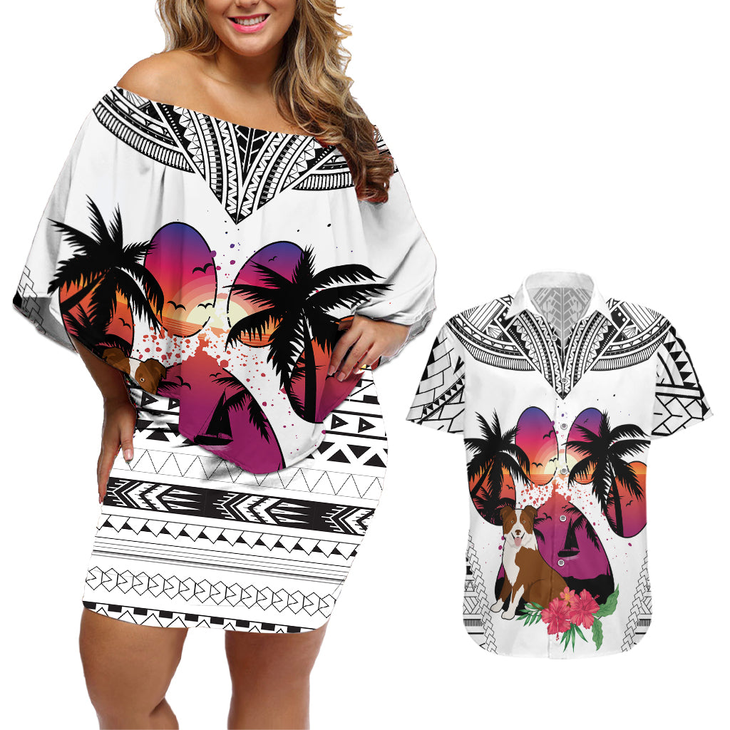 Polynesian Couples Matching Off Shoulder Short Dress and Hawaiian Shirt Dog Lover With Border Collie - Sunset At The Beach White Ver LT7 - Wonder Print Shop
