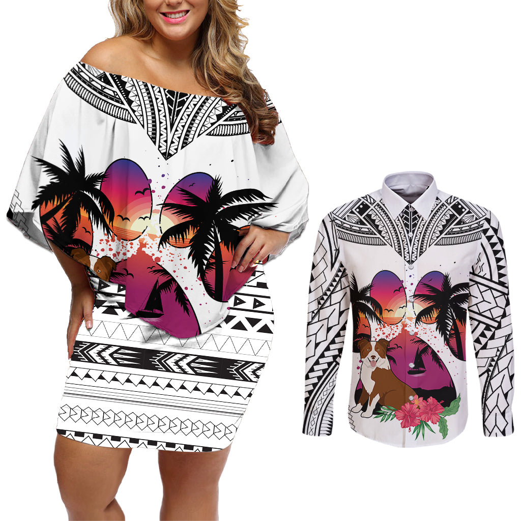 Polynesian Couples Matching Off Shoulder Short Dress and Long Sleeve Button Shirts Dog Lover With Border Collie - Sunset At The Beach White Ver LT7 - Wonder Print Shop
