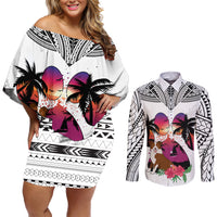 Polynesian Couples Matching Off Shoulder Short Dress and Long Sleeve Button Shirts Dog Lover With Border Collie - Sunset At The Beach White Ver LT7 - Wonder Print Shop