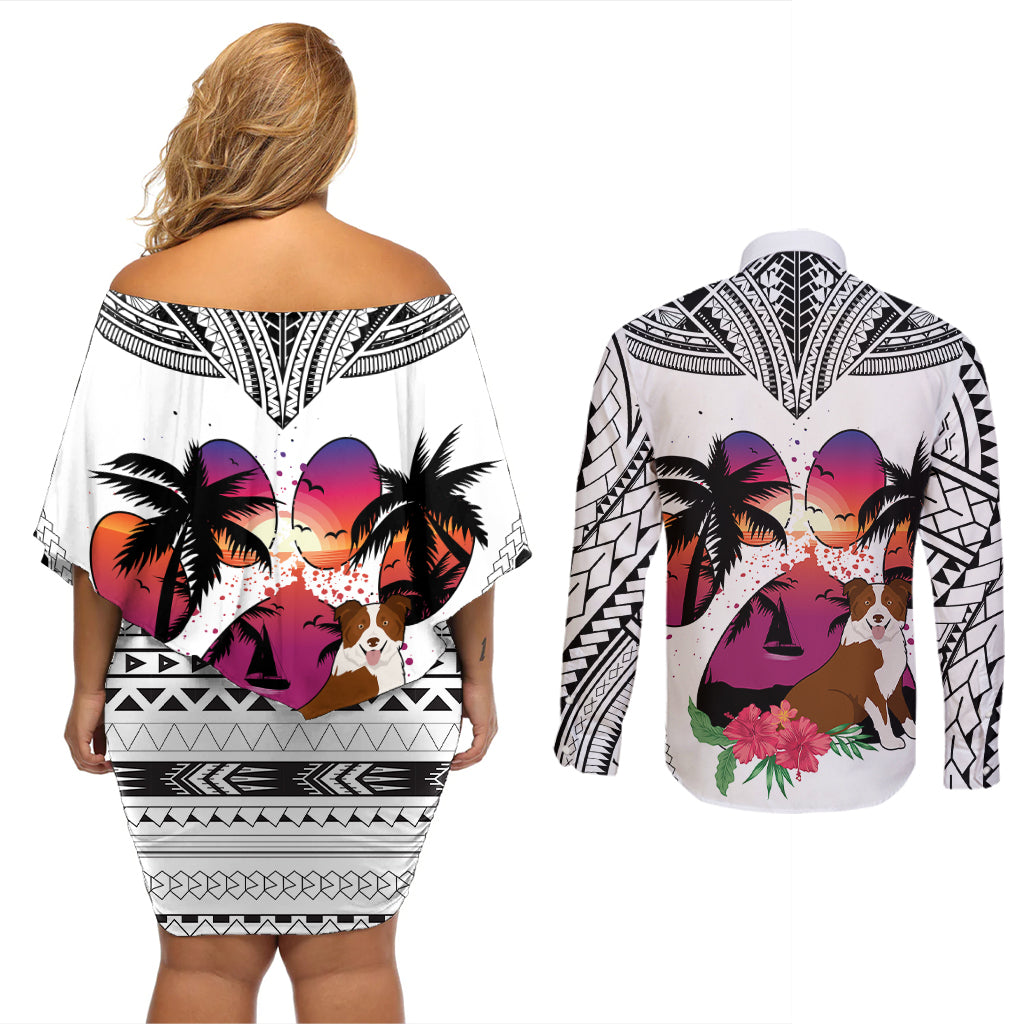 Polynesian Couples Matching Off Shoulder Short Dress and Long Sleeve Button Shirts Dog Lover With Border Collie - Sunset At The Beach White Ver LT7 - Wonder Print Shop