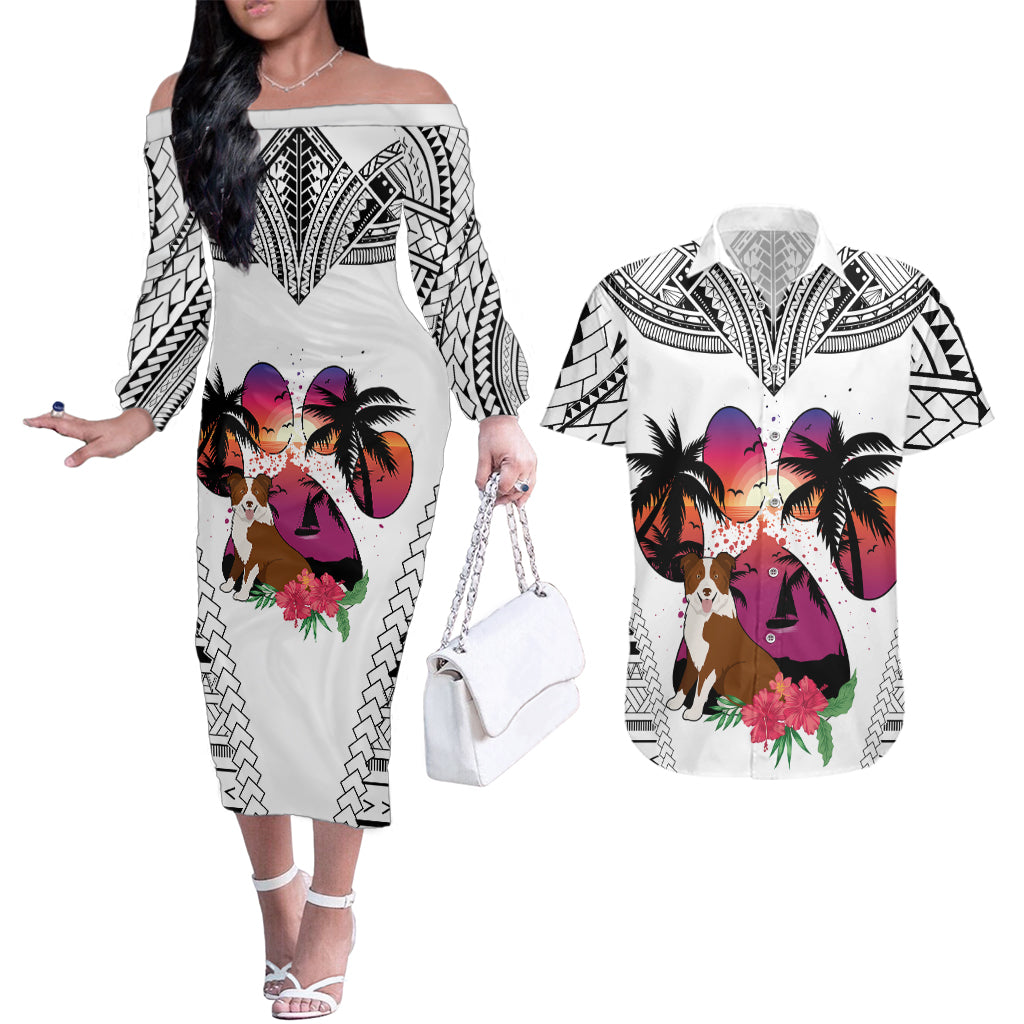 Polynesian Couples Matching Off The Shoulder Long Sleeve Dress and Hawaiian Shirt Dog Lover With Border Collie - Sunset At The Beach White Ver LT7 - Wonder Print Shop