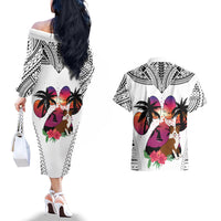 Polynesian Couples Matching Off The Shoulder Long Sleeve Dress and Hawaiian Shirt Dog Lover With Border Collie - Sunset At The Beach White Ver LT7 - Wonder Print Shop