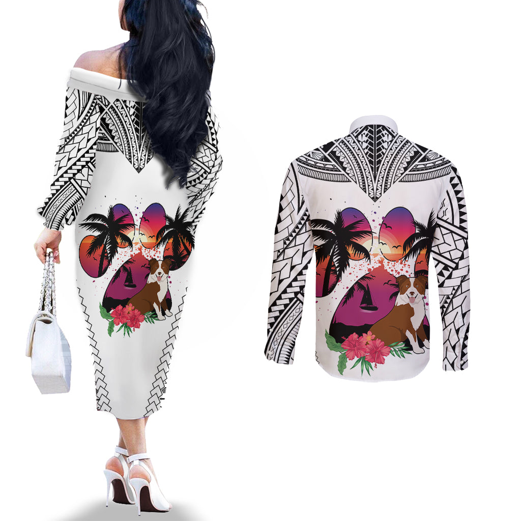 polynesian-couples-matching-off-the-shoulder-long-sleeve-dress-and-long-sleeve-button-shirts-dog-lover-with-border-collie-sunset-at-the-beach-white-ver