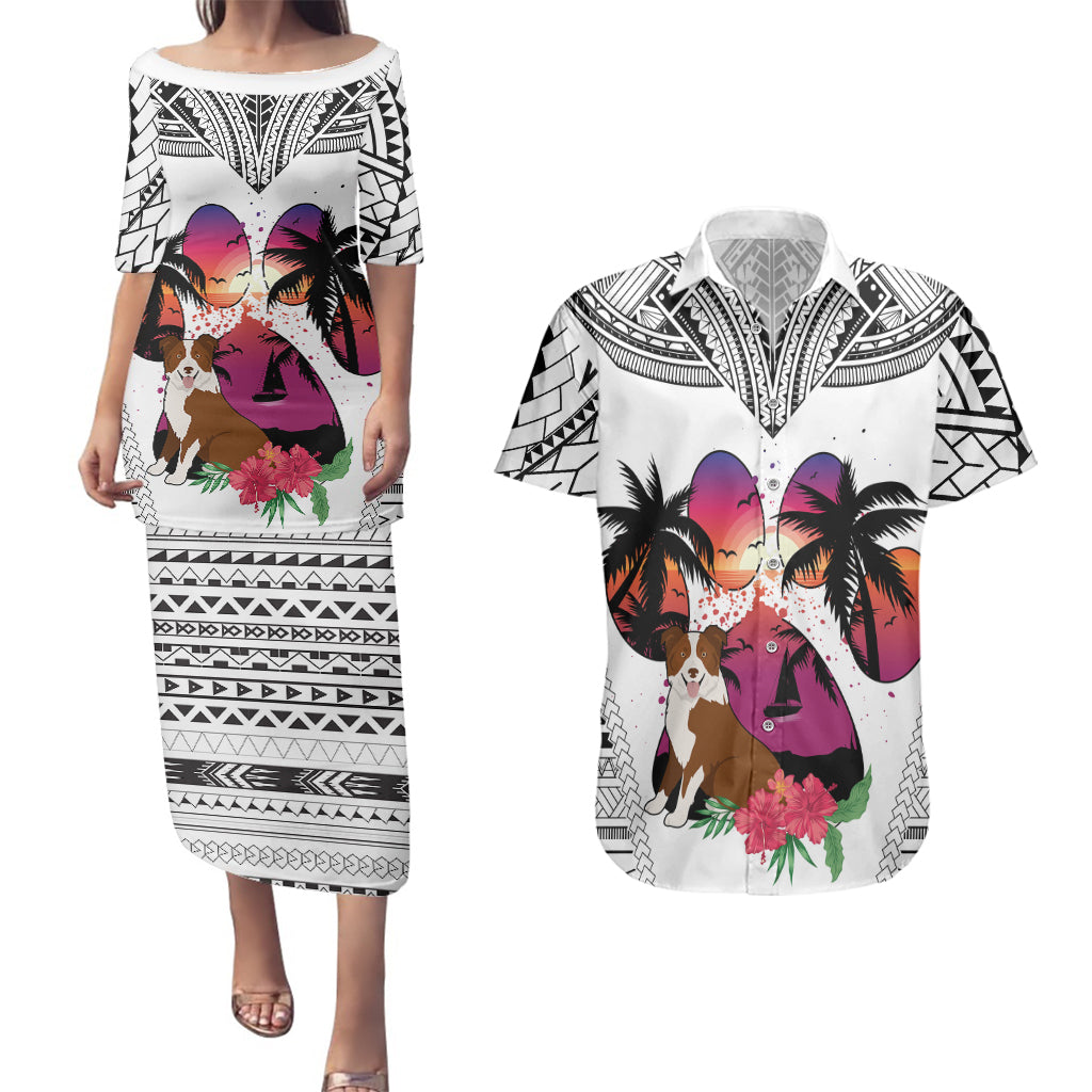 Polynesian Couples Matching Puletasi Dress and Hawaiian Shirt Dog Lover With Border Collie - Sunset At The Beach White Ver LT7 - Wonder Print Shop
