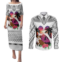 Polynesian Couples Matching Puletasi Dress and Long Sleeve Button Shirts Dog Lover With Border Collie - Sunset At The Beach White Ver LT7 - Wonder Print Shop