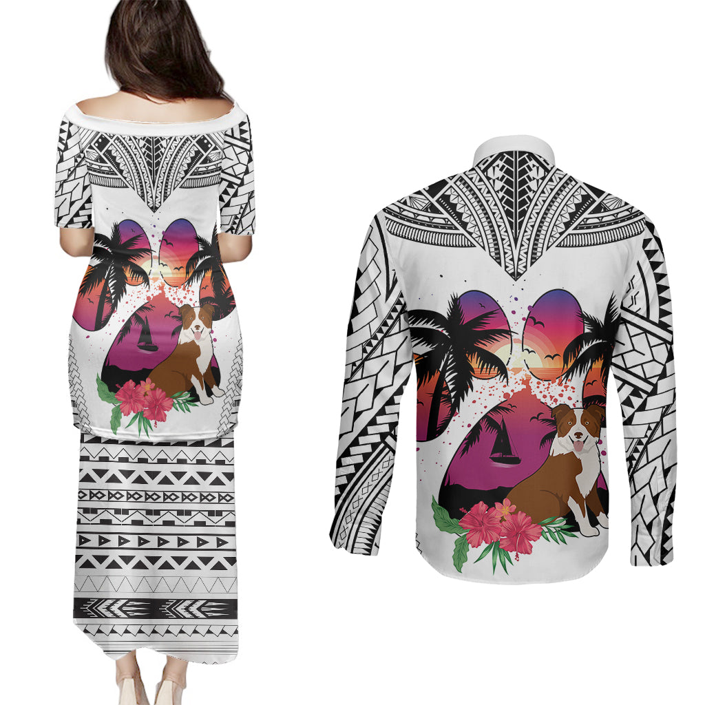 Polynesian Couples Matching Puletasi Dress and Long Sleeve Button Shirts Dog Lover With Border Collie - Sunset At The Beach White Ver LT7 - Wonder Print Shop