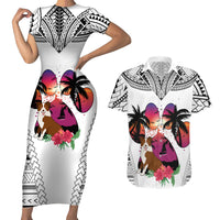 Polynesian Couples Matching Short Sleeve Bodycon Dress and Hawaiian Shirt Dog Lover With Border Collie - Sunset At The Beach White Ver LT7 - Wonder Print Shop