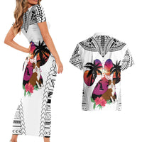 Polynesian Couples Matching Short Sleeve Bodycon Dress and Hawaiian Shirt Dog Lover With Border Collie - Sunset At The Beach White Ver LT7 - Wonder Print Shop