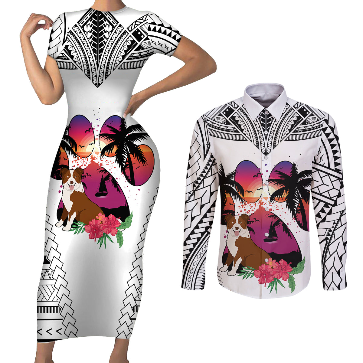 Polynesian Couples Matching Short Sleeve Bodycon Dress and Long Sleeve Button Shirts Dog Lover With Border Collie - Sunset At The Beach White Ver LT7 - Wonder Print Shop