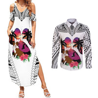 Polynesian Couples Matching Summer Maxi Dress and Long Sleeve Button Shirts Dog Lover With Border Collie - Sunset At The Beach White Ver LT7 - Wonder Print Shop