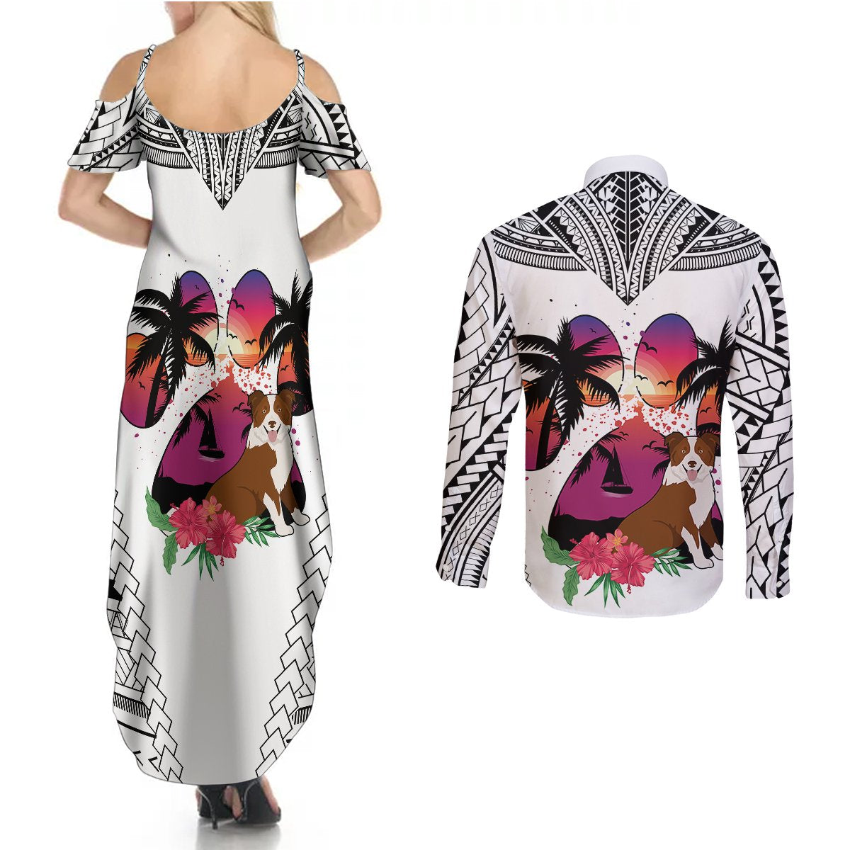 Polynesian Couples Matching Summer Maxi Dress and Long Sleeve Button Shirts Dog Lover With Border Collie - Sunset At The Beach White Ver LT7 - Wonder Print Shop