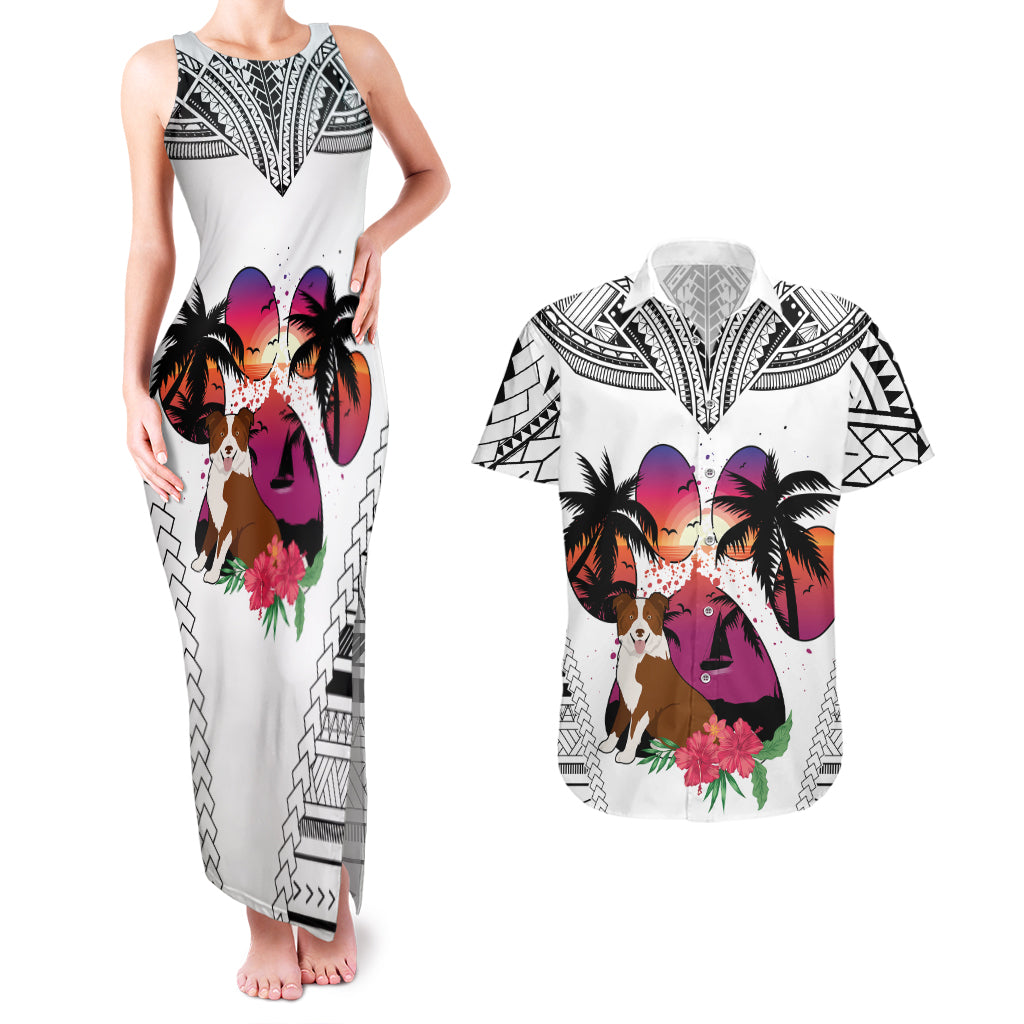 Polynesian Couples Matching Tank Maxi Dress and Hawaiian Shirt Dog Lover With Border Collie - Sunset At The Beach White Ver LT7 - Wonder Print Shop