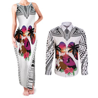 Polynesian Couples Matching Tank Maxi Dress and Long Sleeve Button Shirts Dog Lover With Border Collie - Sunset At The Beach White Ver LT7 - Wonder Print Shop