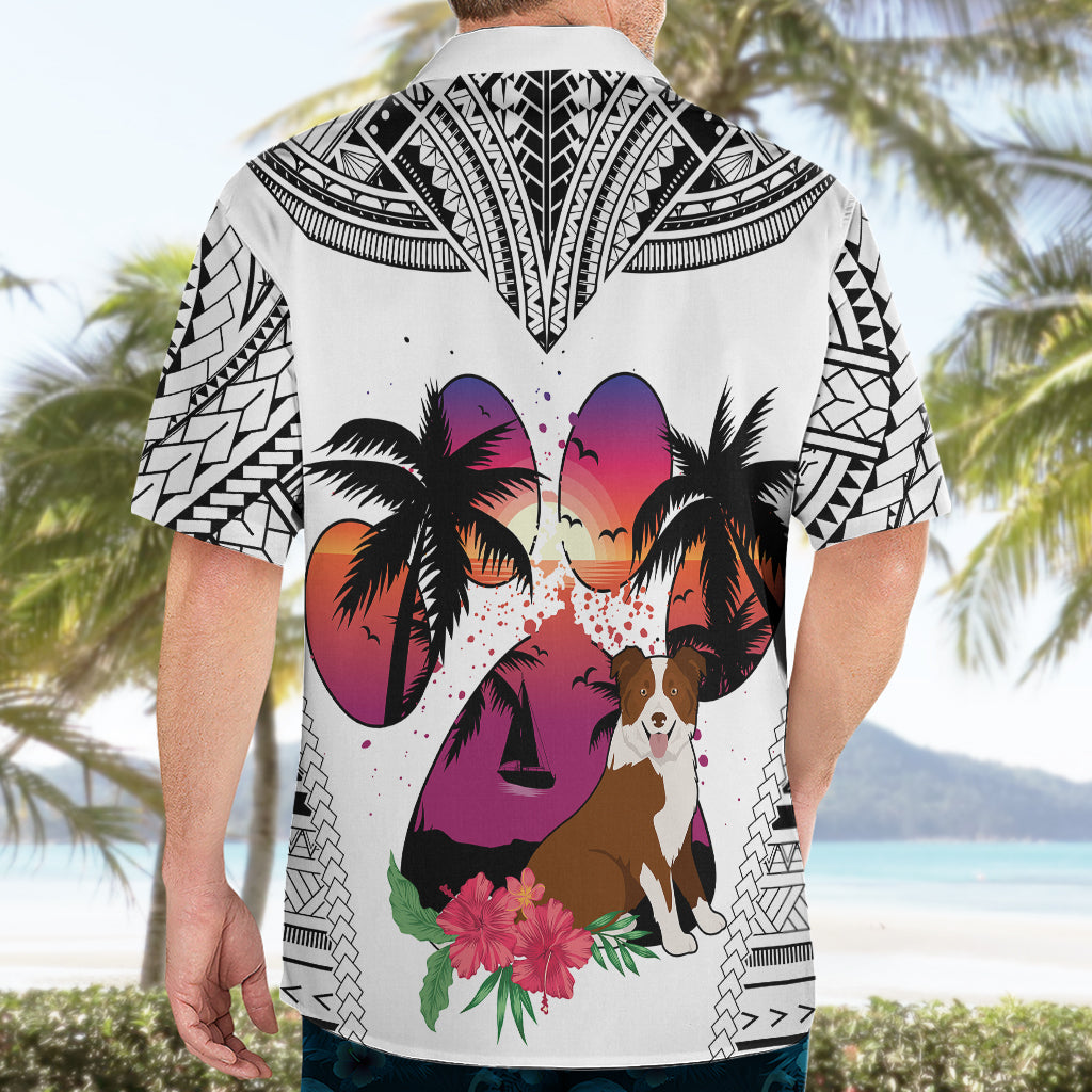 Polynesian Hawaiian Shirt Dog Lover With Border Collie - Sunset At The Beach White Ver - Wonder Print Shop