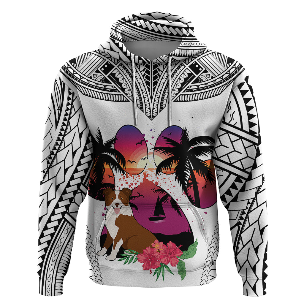 Polynesian Hoodie Dog Lover With Border Collie - Sunset At The Beach White Ver - Wonder Print Shop