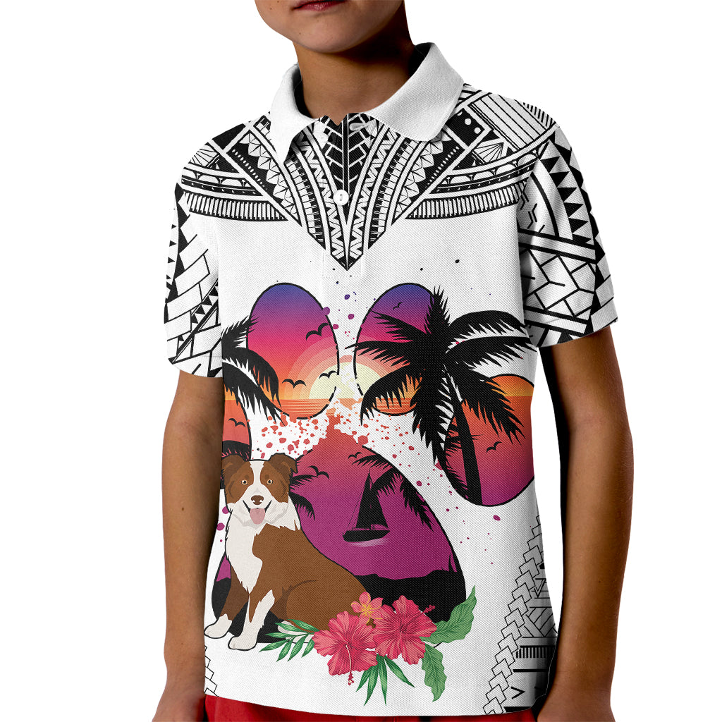 Polynesian Kid Polo Shirt Dog Lover With Border Collie - Sunset At The Beach White Ver - Wonder Print Shop
