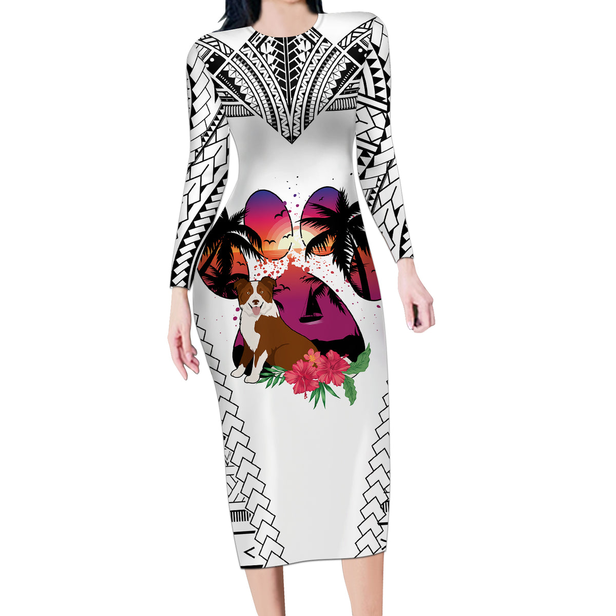 Polynesian Long Sleeve Bodycon Dress Dog Lover With Border Collie - Sunset At The Beach White Ver - Wonder Print Shop