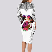 Polynesian Long Sleeve Bodycon Dress Dog Lover With Border Collie - Sunset At The Beach White Ver - Wonder Print Shop
