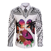 Polynesian Long Sleeve Button Shirt Dog Lover With Border Collie - Sunset At The Beach White Ver - Wonder Print Shop
