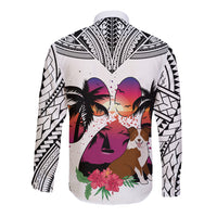 Polynesian Long Sleeve Button Shirt Dog Lover With Border Collie - Sunset At The Beach White Ver - Wonder Print Shop